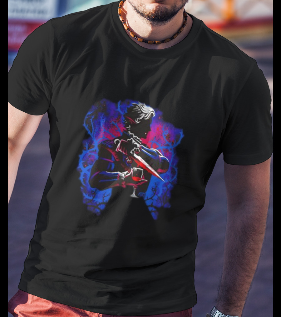 High Elf Vampire Dark Fantasy Silhouette With Dagger And Wine Glass T-Shirt