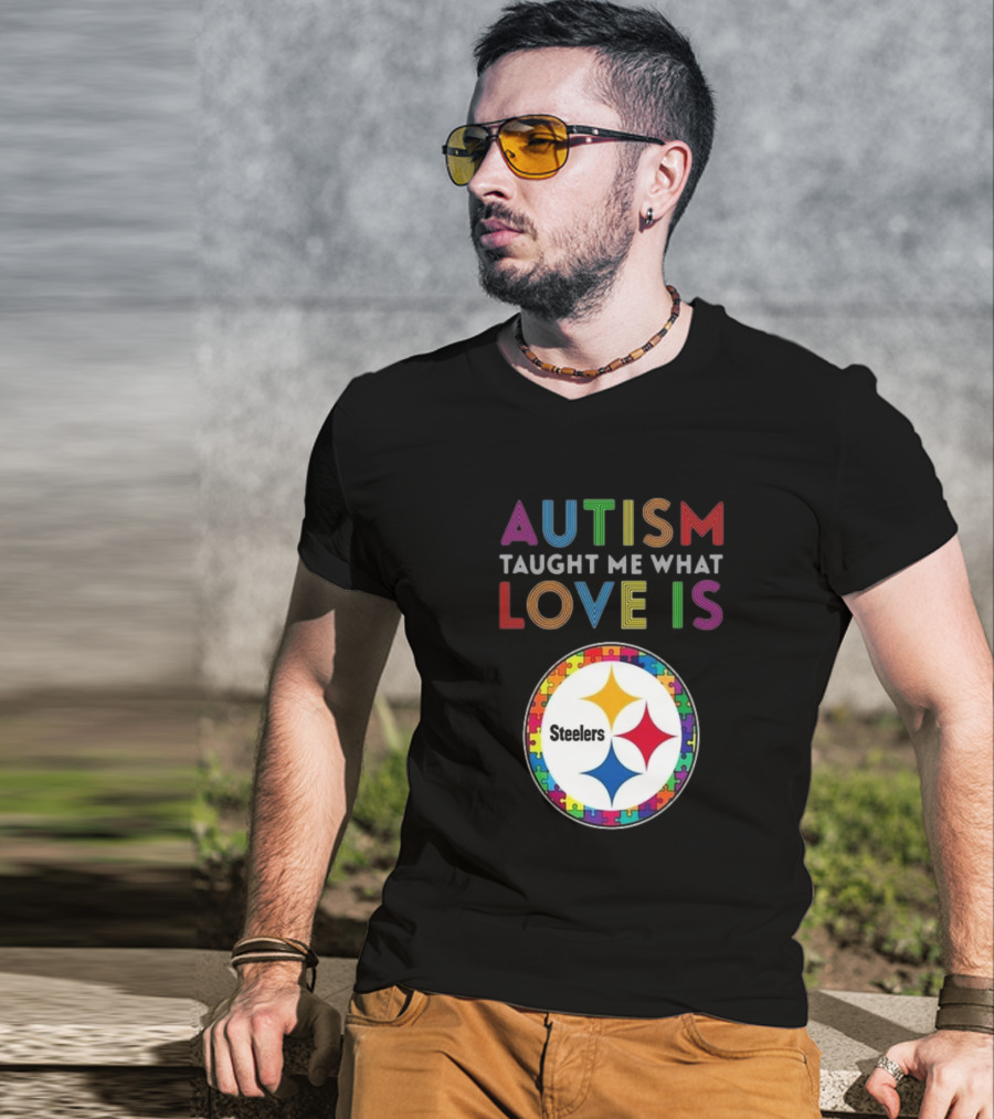 Autism Taught Me What Love Is Pittsburgh Steelers Puzzle T-Shirt