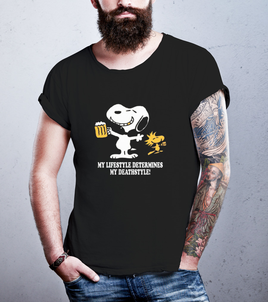 Snoopy And Woodstock Holding Beer My Lifestyle Determines My Deathstyle T-Shirt