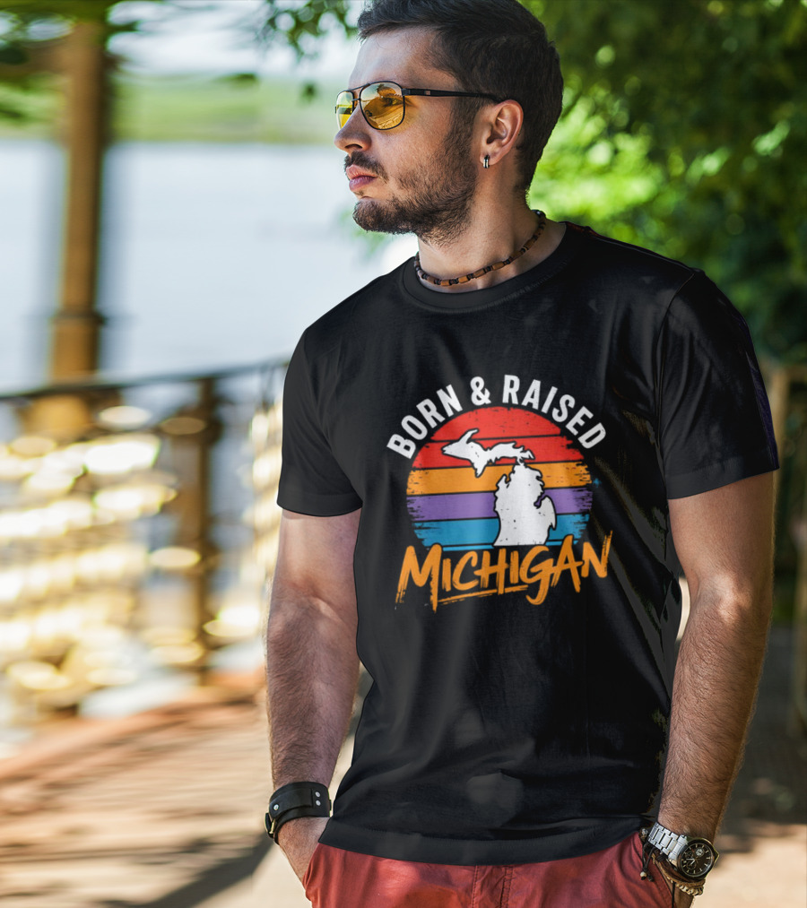 Born And Raised Michigan Vintage Sunset Map Stripes T-Shirt