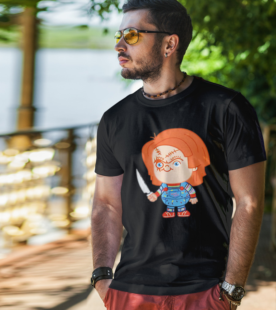 Chucky Evil Doll With Knife In Striped Lovely Overalls T-Shirt