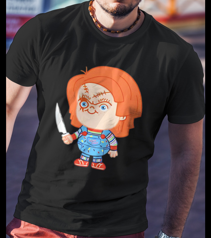 Chucky Evil Doll With Knife In Striped Lovely Overalls T-Shirt