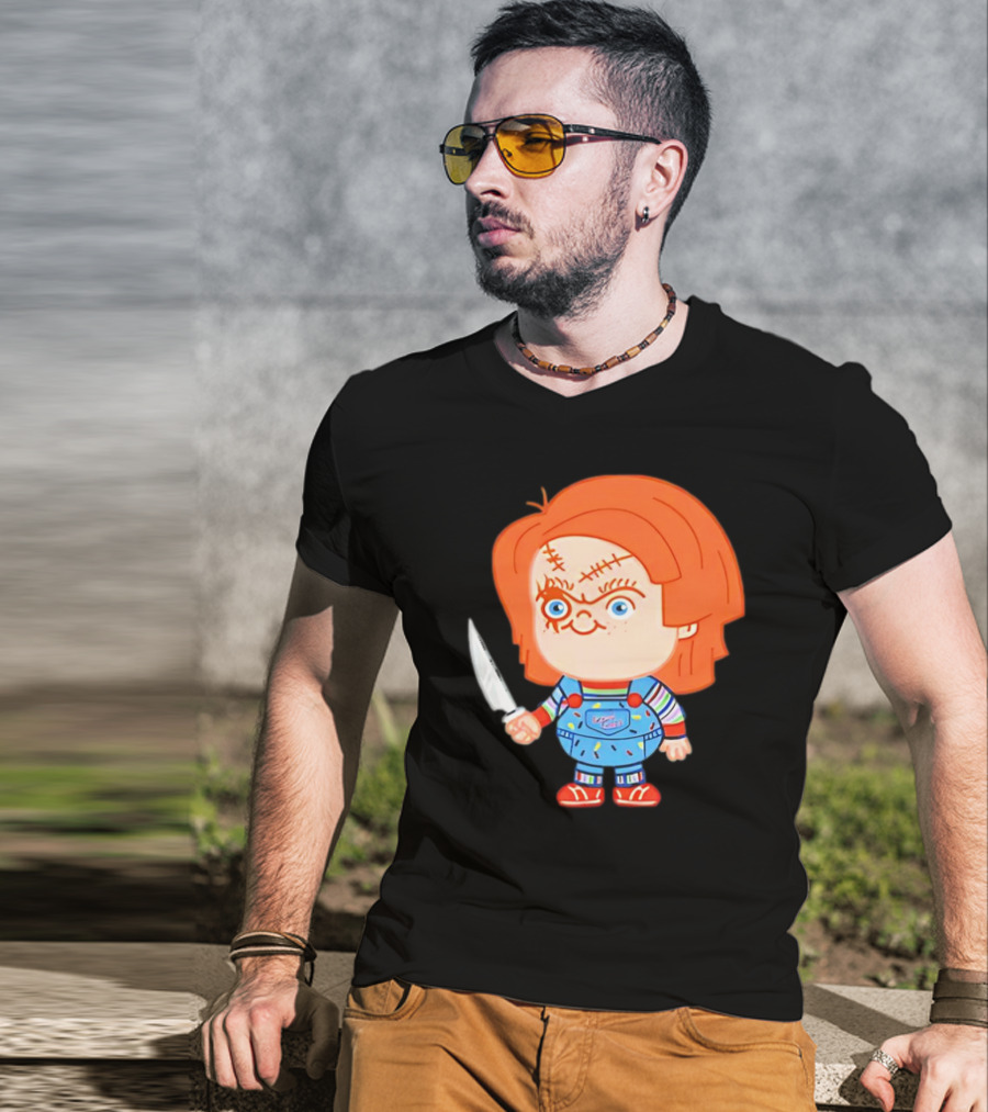 Chucky Evil Doll With Knife In Striped Lovely Overalls T-Shirt