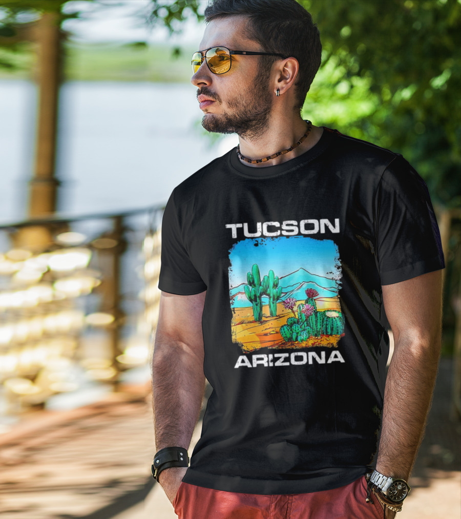 Tucson Arizona Retro Desert Scene With Cactus And Mountains T-Shirt