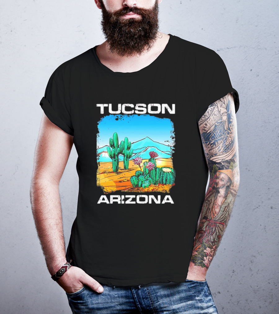 Tucson Arizona Retro Desert Scene With Cactus And Mountains T-Shirt