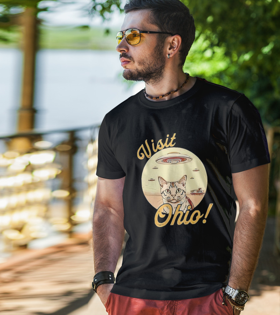 Visit Ohio Cat UFO Alien Spaceship Adventure T-Shirt