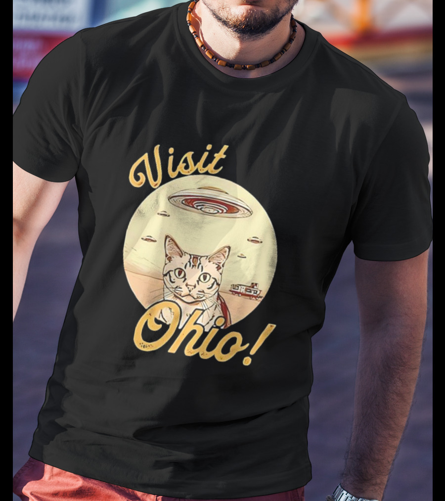 Visit Ohio Cat UFO Alien Spaceship Adventure T-Shirt