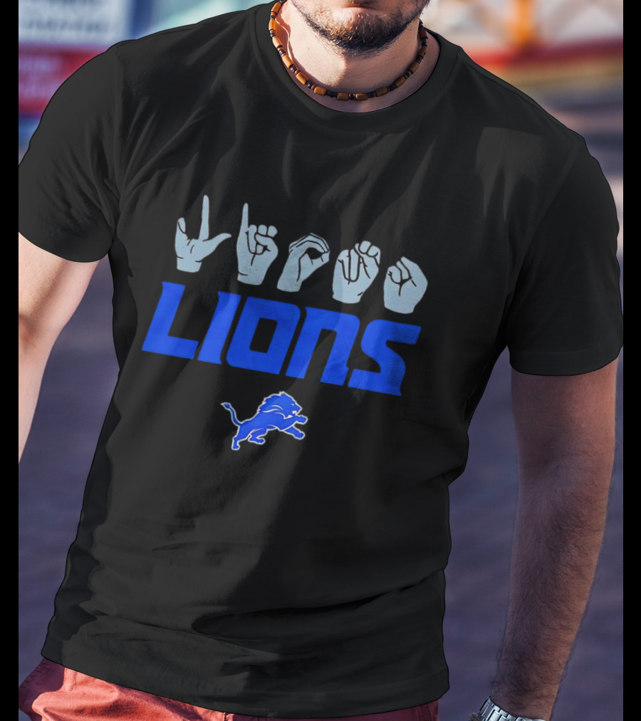 Love Sign With Detroit Lions ASL Logo And Blue Lion Emblem T-Shirt