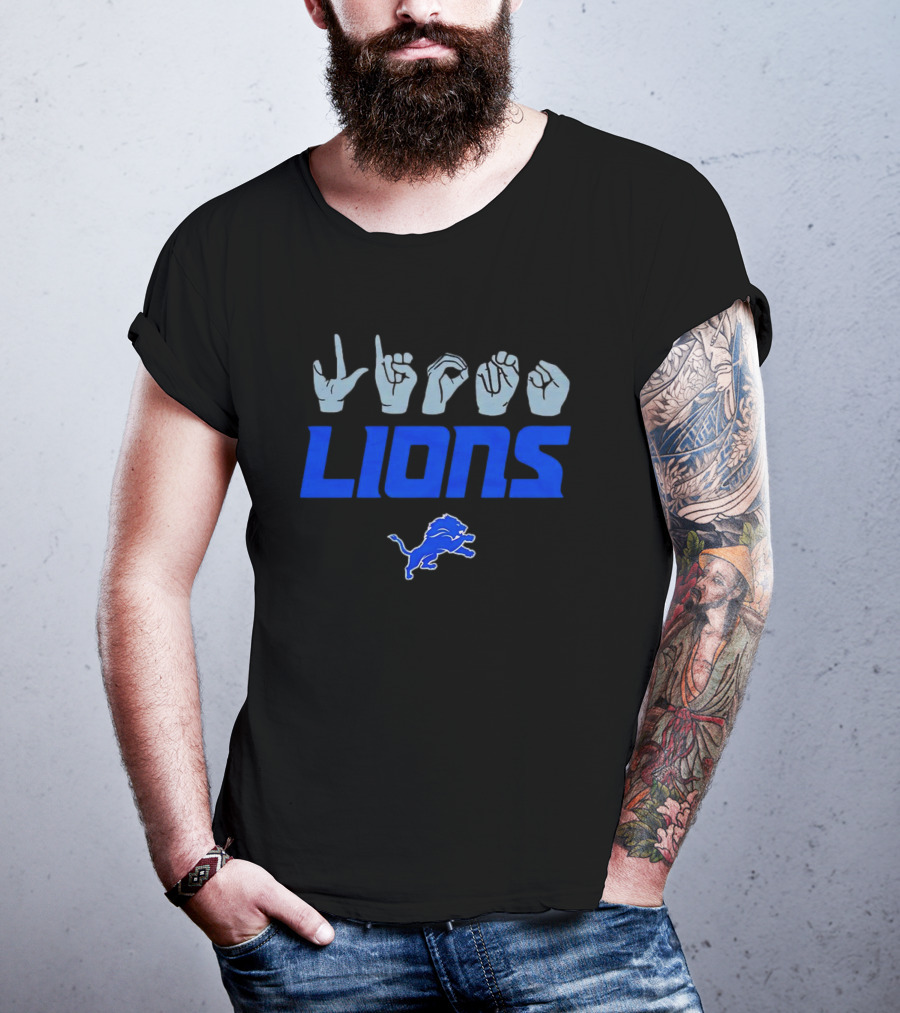 Love Sign With Detroit Lions ASL Logo And Blue Lion Emblem T-Shirt