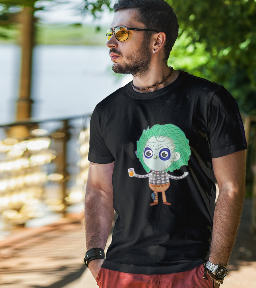Beetlejuice Ghost Exorcist Cartoon Character With Drink T-Shirt