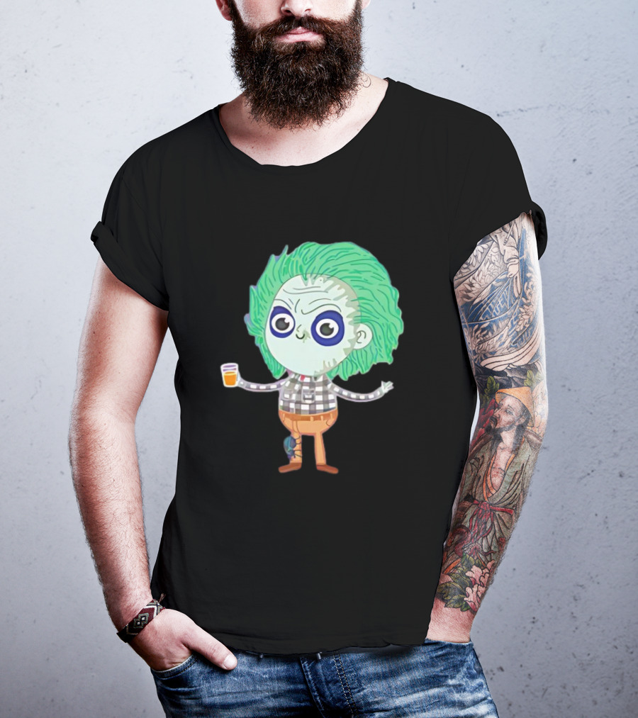 Beetlejuice Ghost Exorcist Cartoon Character With Drink T-Shirt