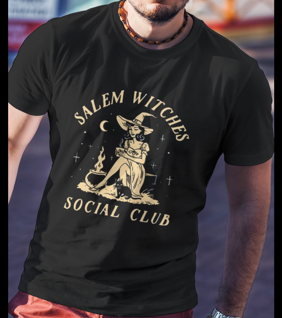 Salem Witches Social Club Moonlit Gathering With Cauldron And Cat T-Shirt