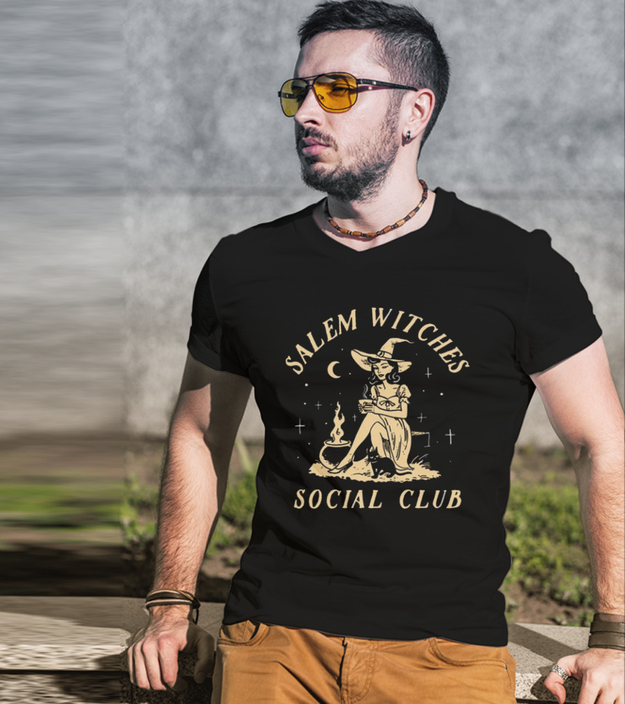 Salem Witches Social Club Moonlit Gathering With Cauldron And Cat T-Shirt