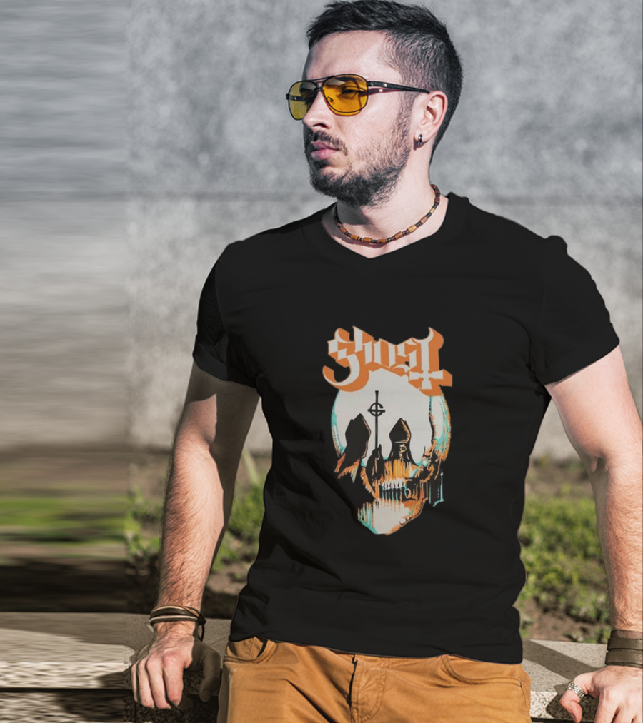 Ghost Band Skull Reflections With Cross And Cathedral Elements T-Shirt