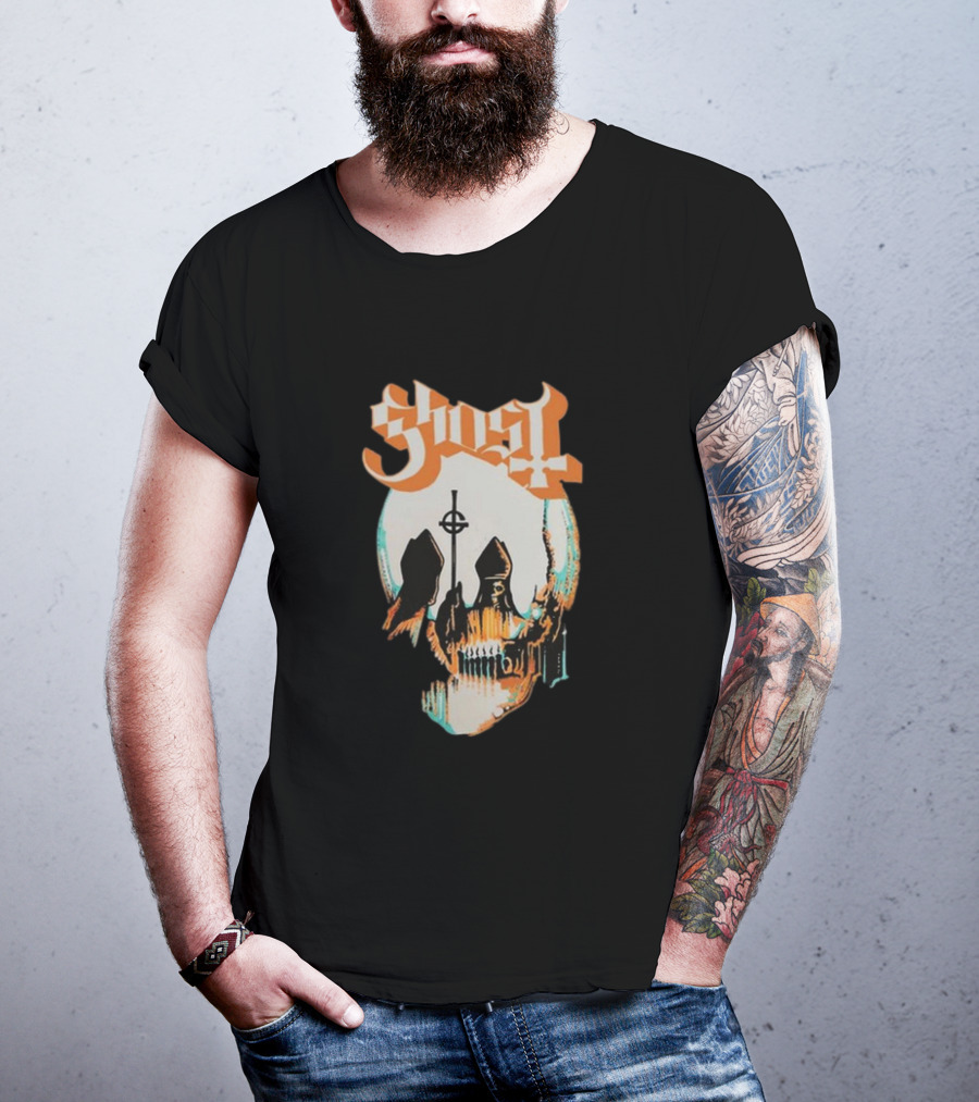Ghost Band Skull Reflections With Cross And Cathedral Elements T-Shirt