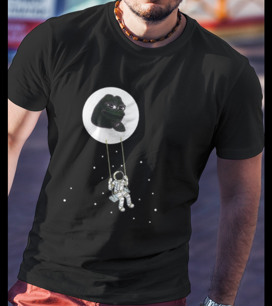 Pepe Crypto Astronaut Swinging On Moon Pepe Coin T-Shirt