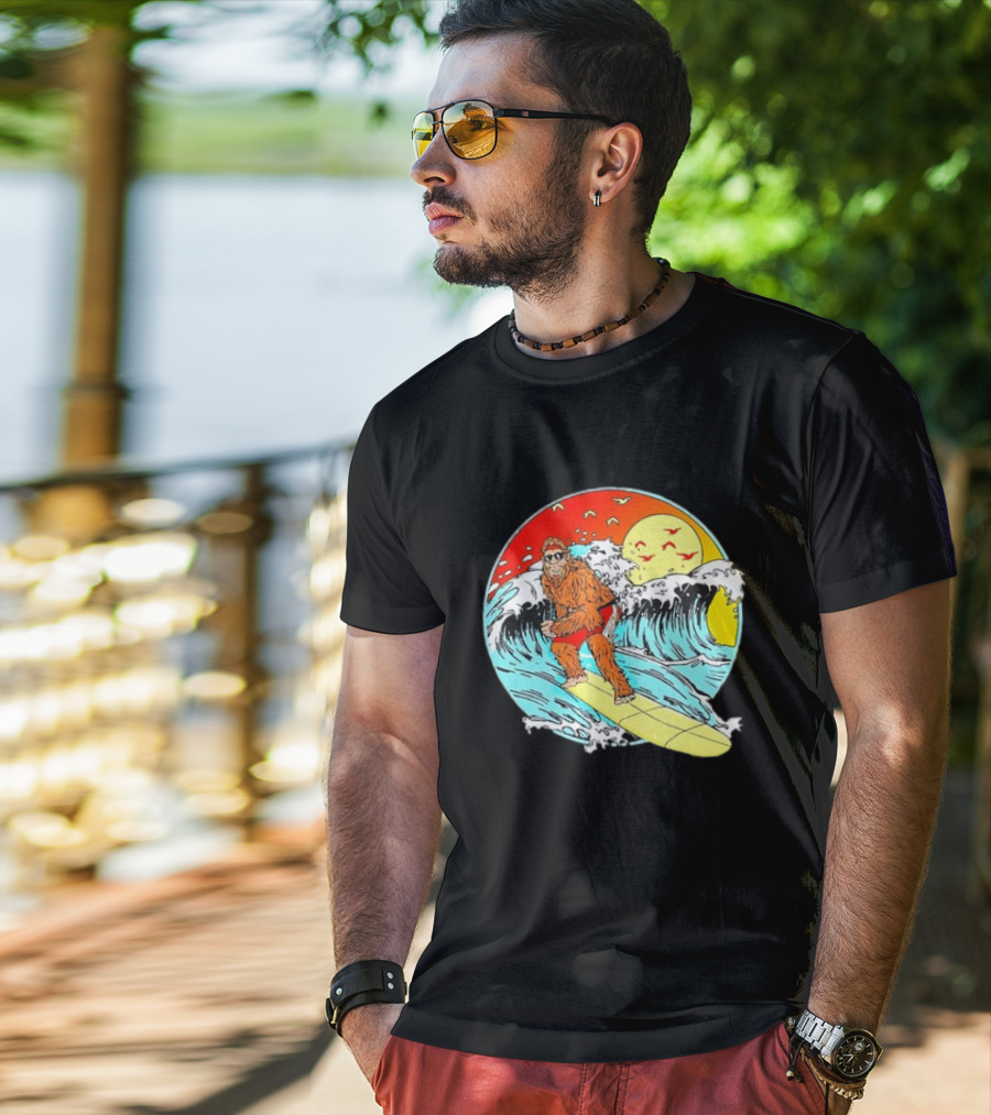 Bigfoot Surfing Sasquatch Retro 80s Beach Waves Sun Fun T-Shirt