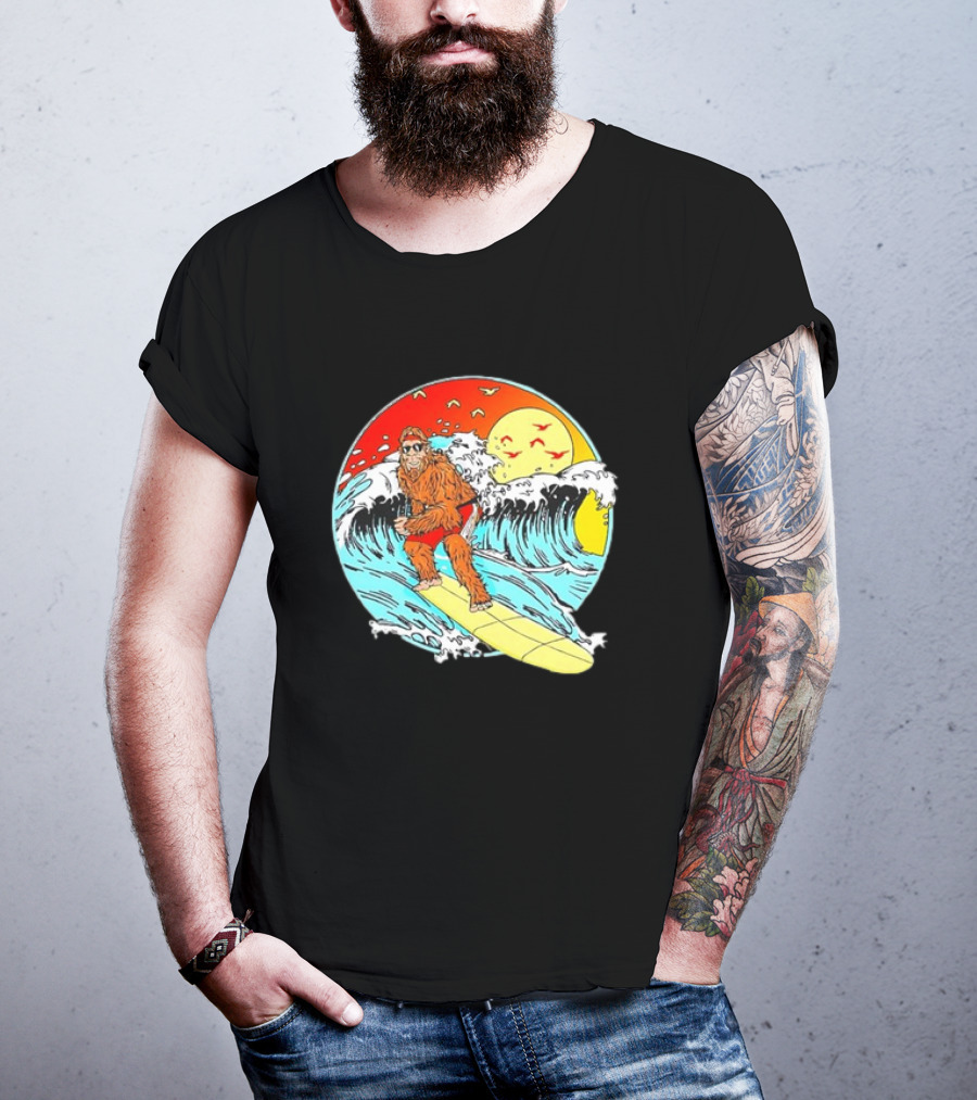 Bigfoot Surfing Sasquatch Retro 80s Beach Waves Sun Fun T-Shirt