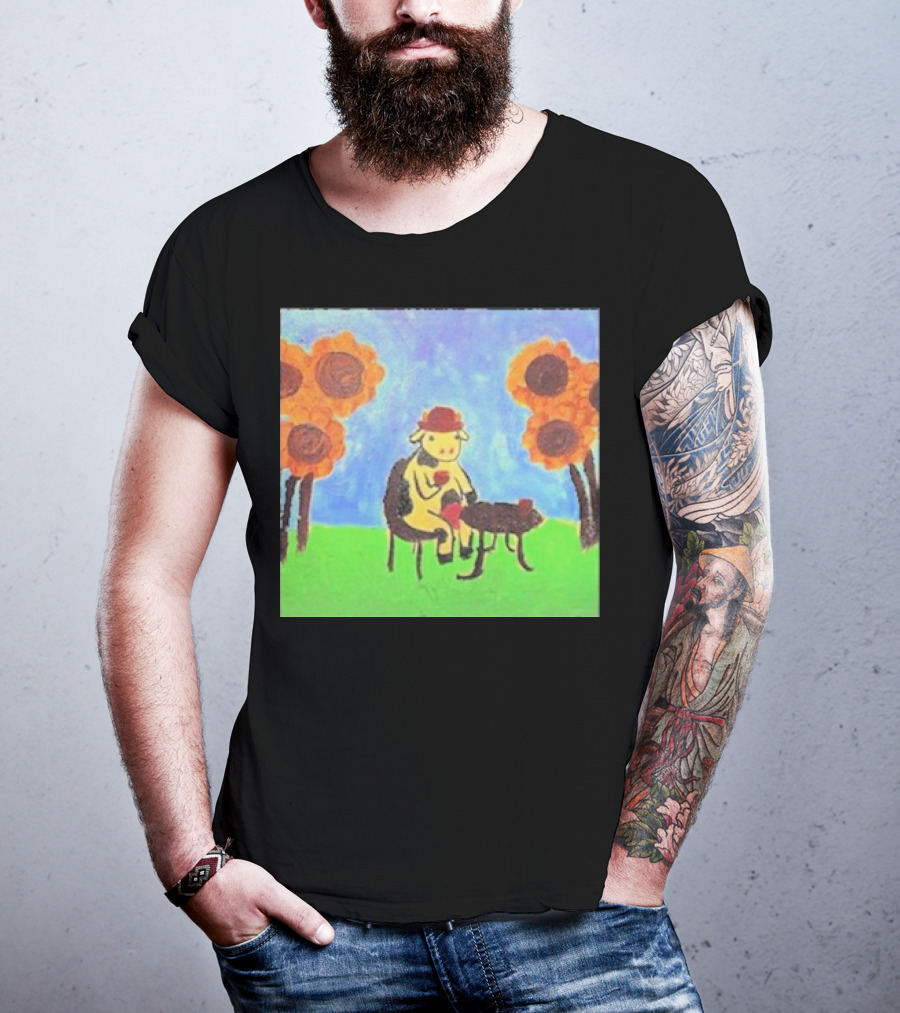 Leanbeeftees Tea Time Cow In Hat With Sunflowers T-Shirt