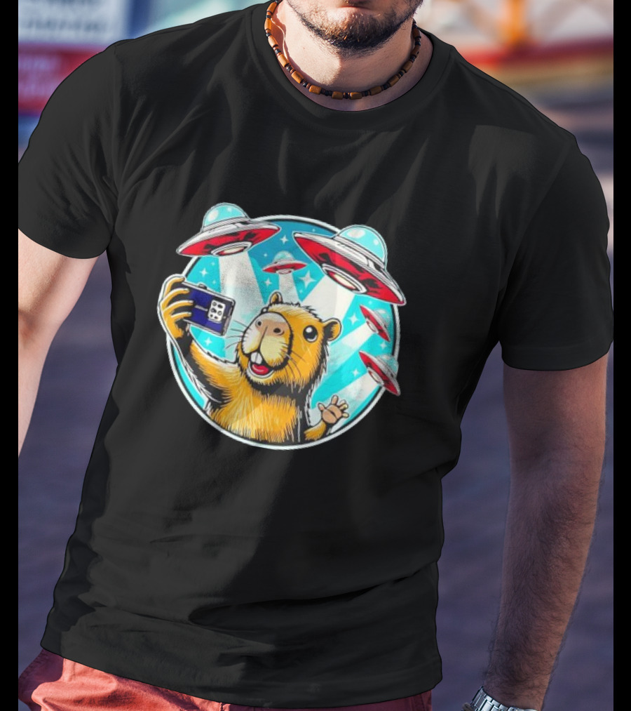 Capybara Taking Selfie With UFO Fleet Overhead T-Shirt