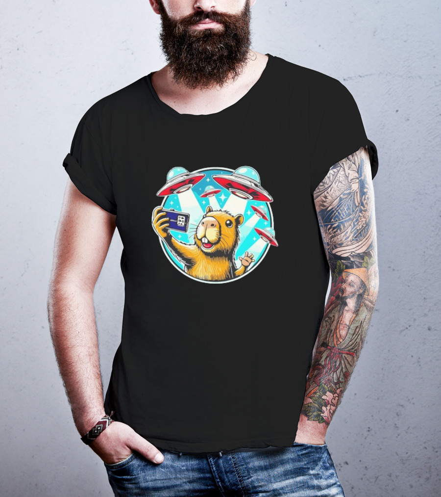 Capybara Taking Selfie With UFO Fleet Overhead T-Shirt