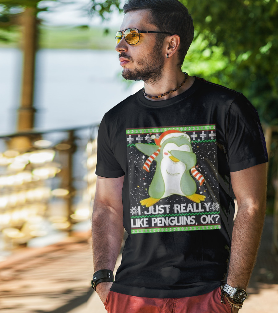 I Just Really Like Penguins Ok Ugly Christmas Cute Dabbing Penguin T-Shirt