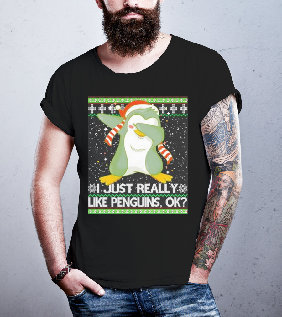 I Just Really Like Penguins Ok Ugly Christmas Cute Dabbing Penguin T-Shirt