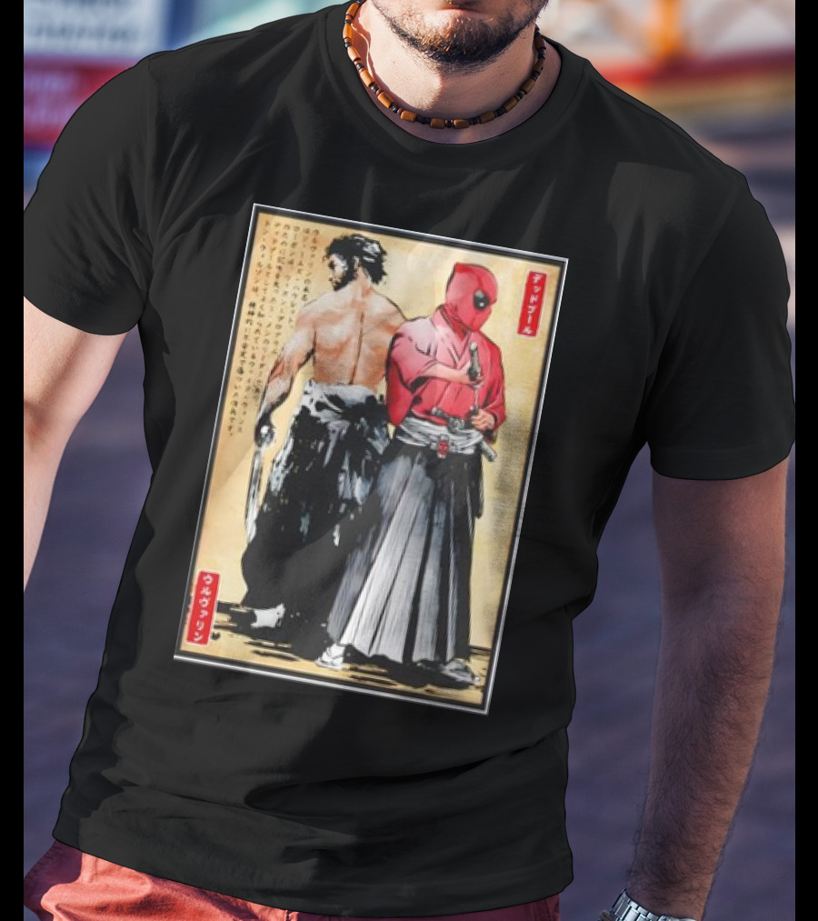 Mutant Samurai And Red Ronin Deadpool Wolverine Woodblock T-Shirt