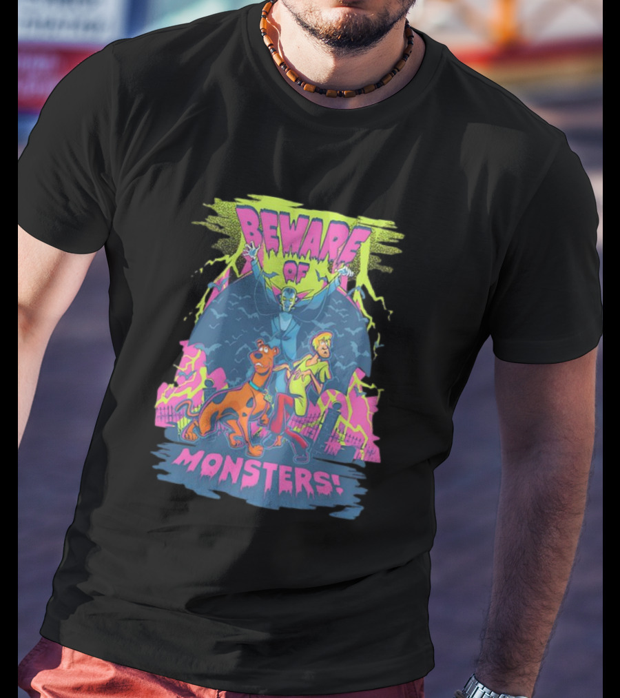 Beware Of Monsters Scooby Doo And Shaggy In Haunted Scene T-Shirt