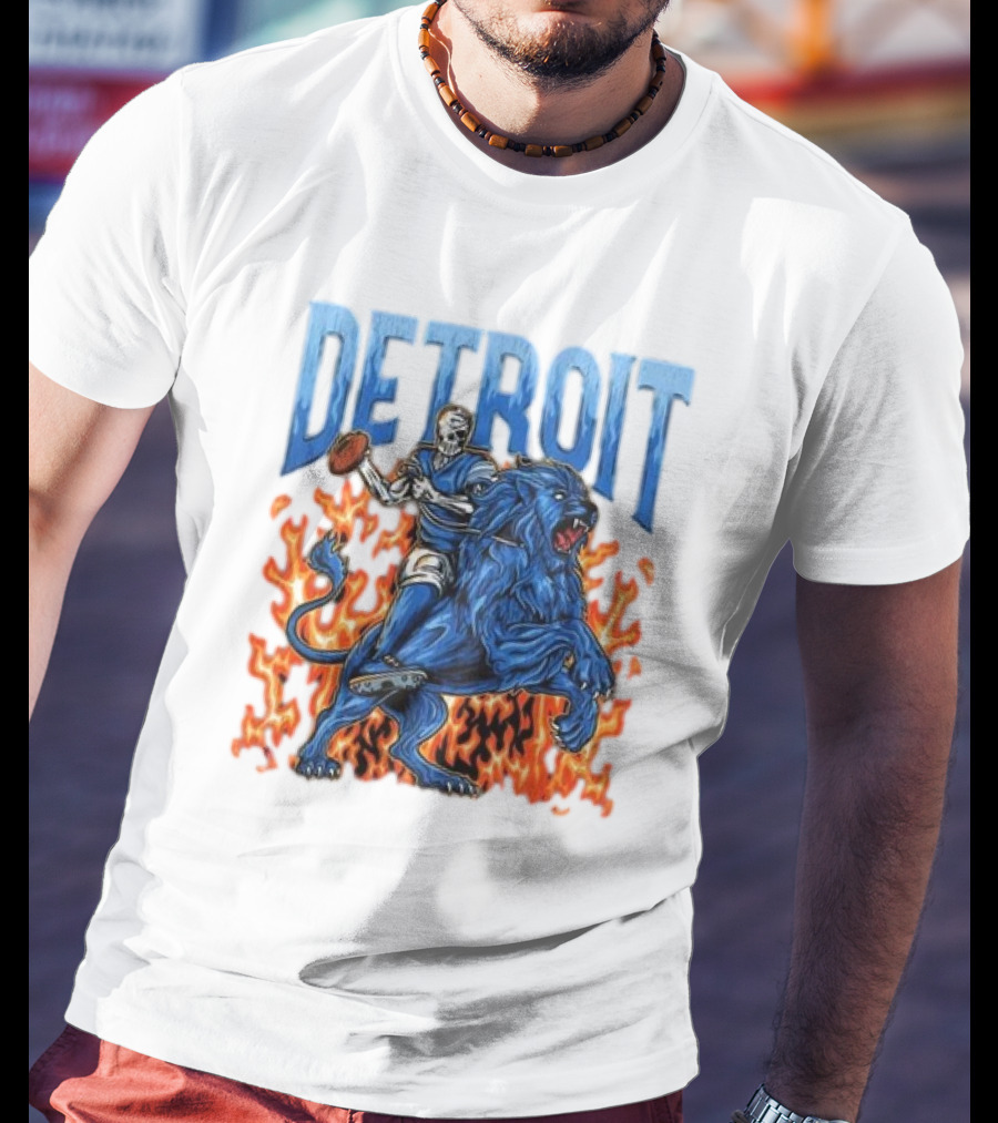 Detroit Lions Skeleton Quarterback Riding Flaming Blue Lion T-Shirt
