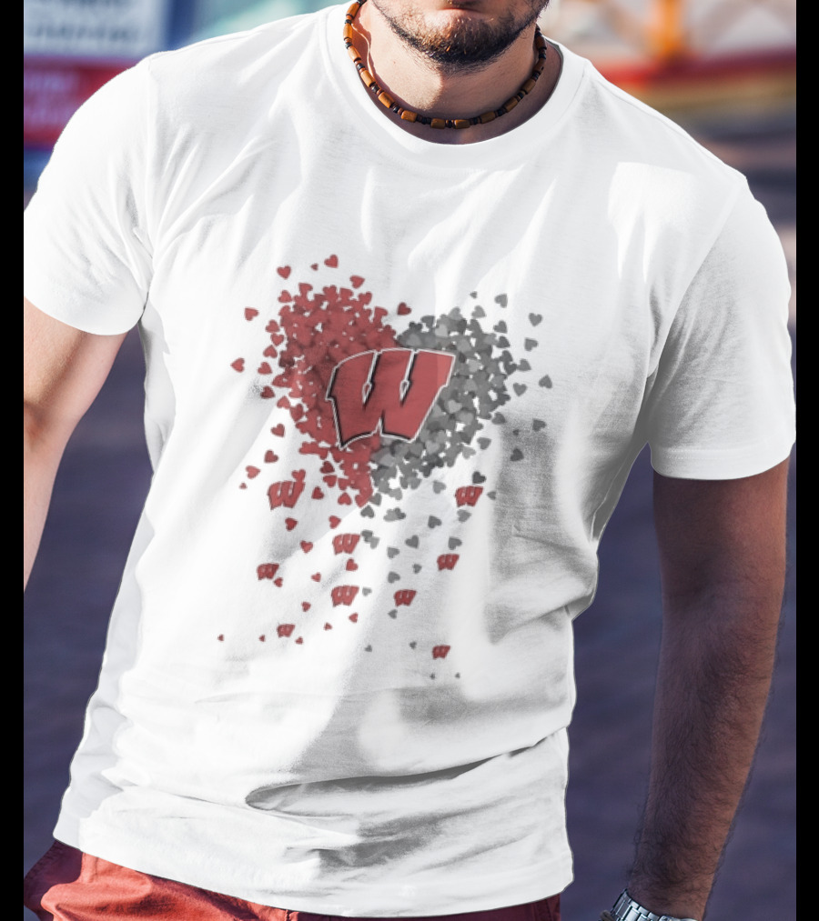 Heart Full Of Wisconsin Badgers Logo With Falling Hearts T-Shirt