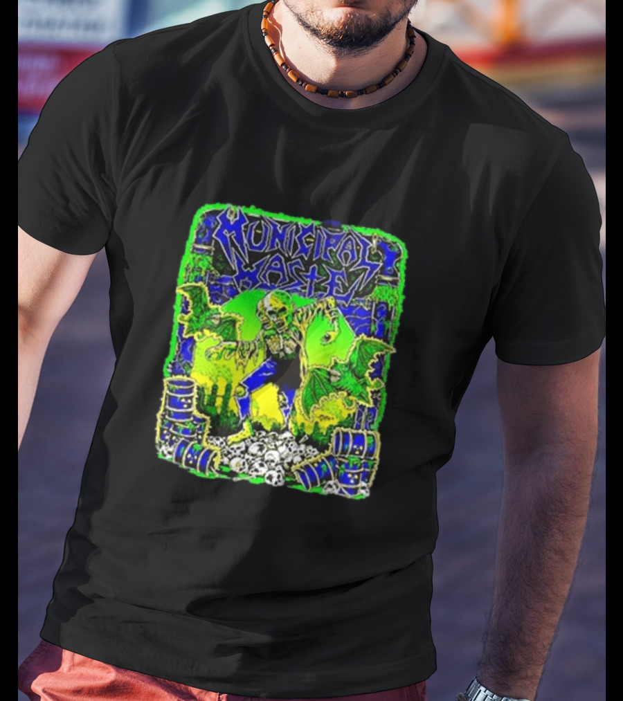 Municipal Waste Radioactive Creature With Toxic Barrels And Green Bats T-Shirt