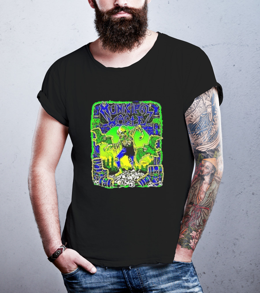 Municipal Waste Radioactive Creature With Toxic Barrels And Green Bats T-Shirt