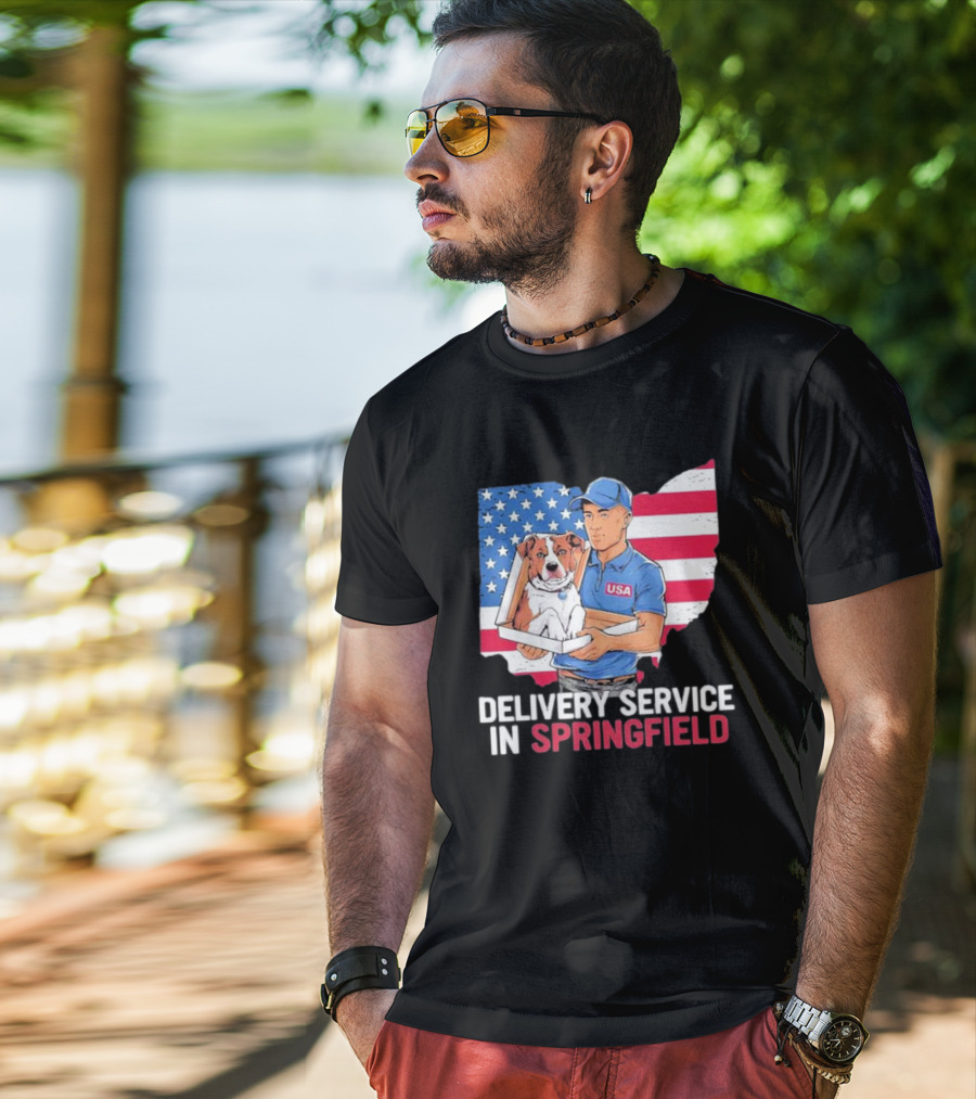 Delivery Service In Springfield USA Dog Parcel Ohio Flag Background T-Shirt