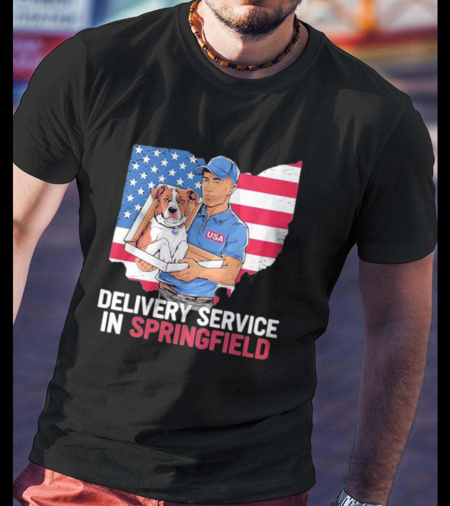 Delivery Service In Springfield USA Dog Parcel Ohio Flag Background T-Shirt
