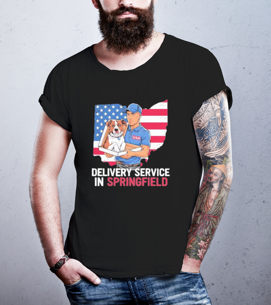 Delivery Service In Springfield USA Dog Parcel Ohio Flag Background T-Shirt