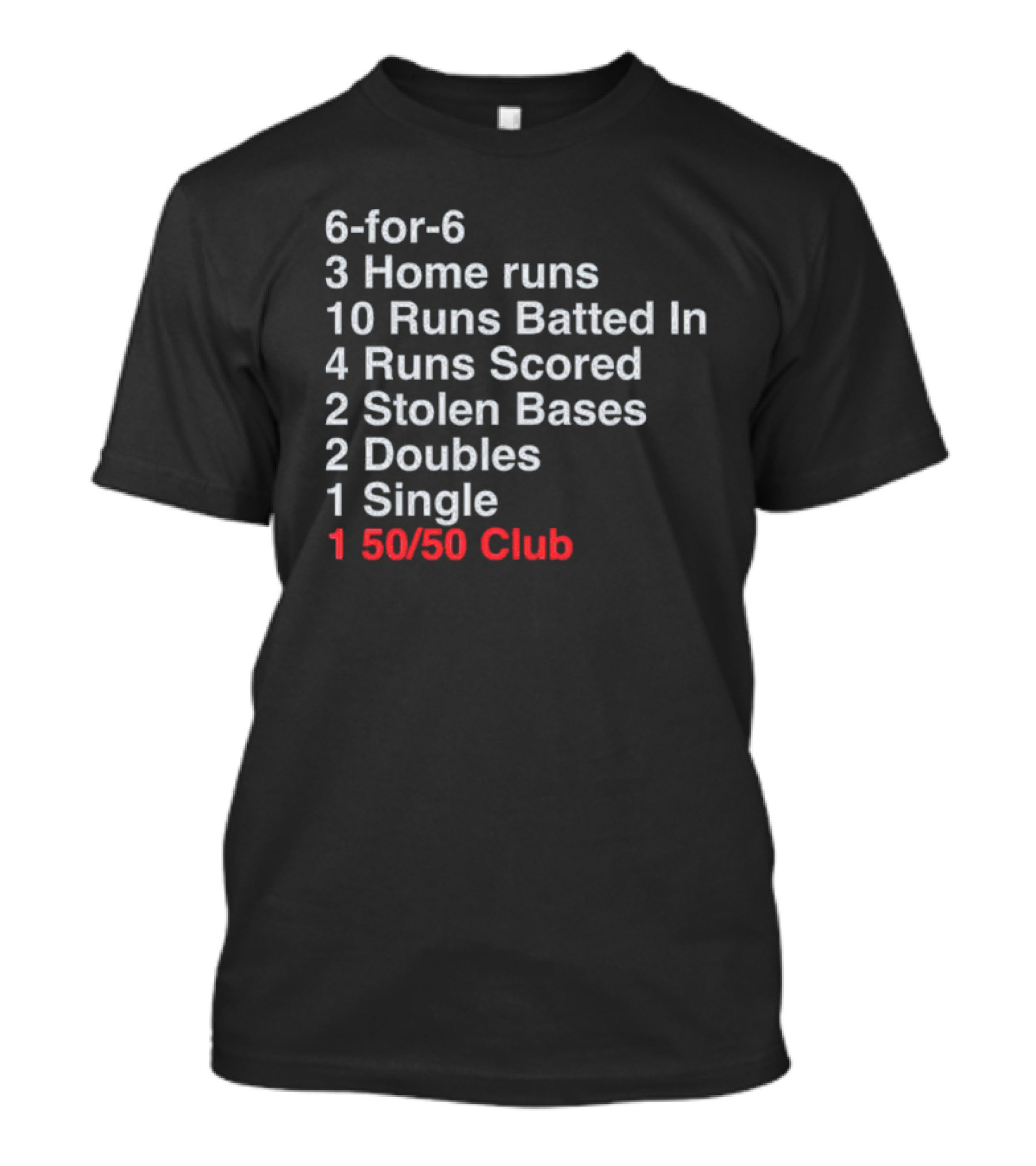 Shohei Ohtani 6-for-6 3 Home Runs 10 Runs Batted In 4 Runs Scored 2 Stolen Bases 2 Doubles 1 Single 50-50 Club T-Shirt