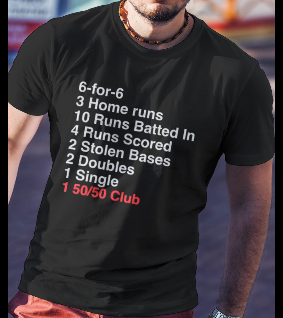 Shohei Ohtani 6-for-6 3 Home Runs 10 Runs Batted In 4 Runs Scored 2 Stolen Bases 2 Doubles 1 Single 50-50 Club T-Shirt