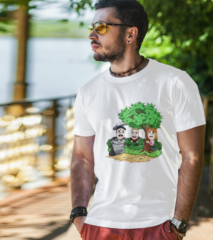 Artem Potokin Little Me Cartoon Characters Hiding Behind Tree And Trash Can T-Shirt