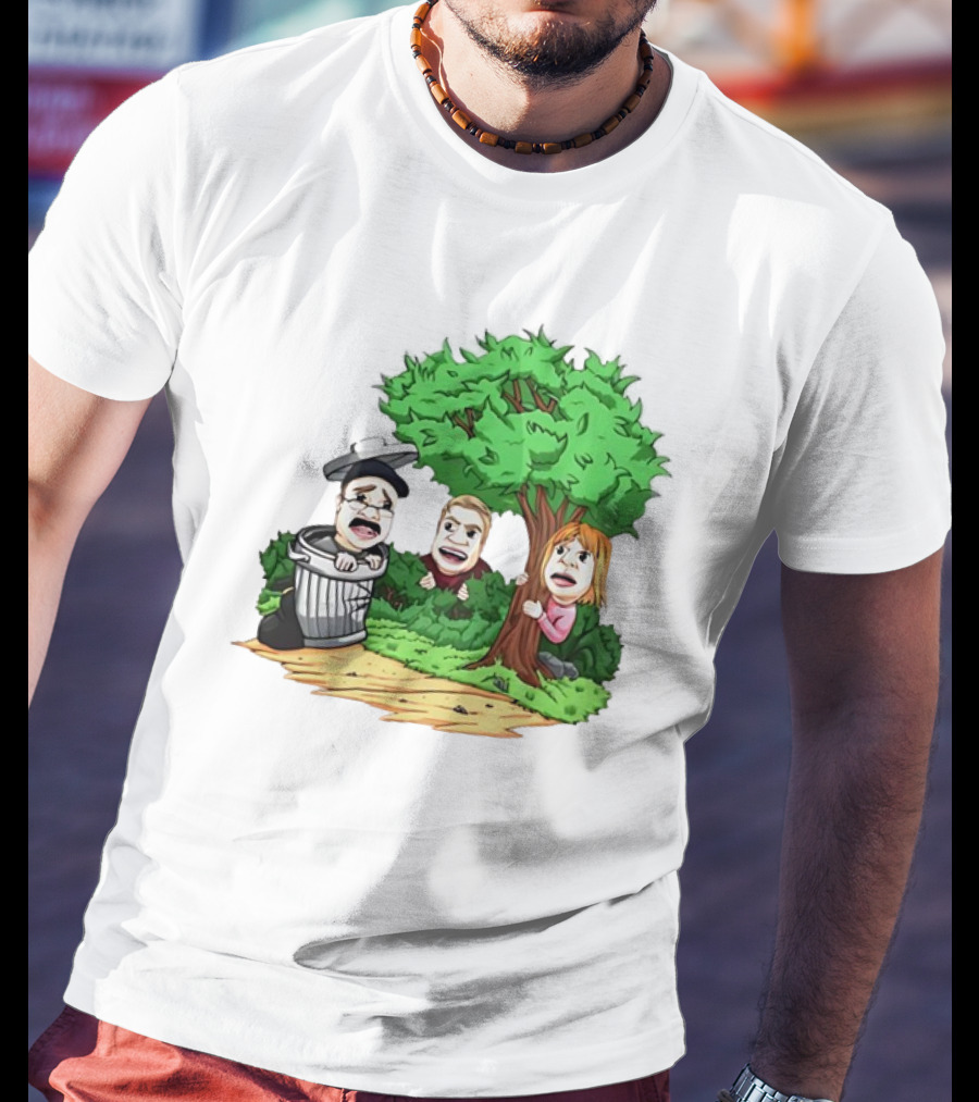 Artem Potokin Little Me Cartoon Characters Hiding Behind Tree And Trash Can T-Shirt