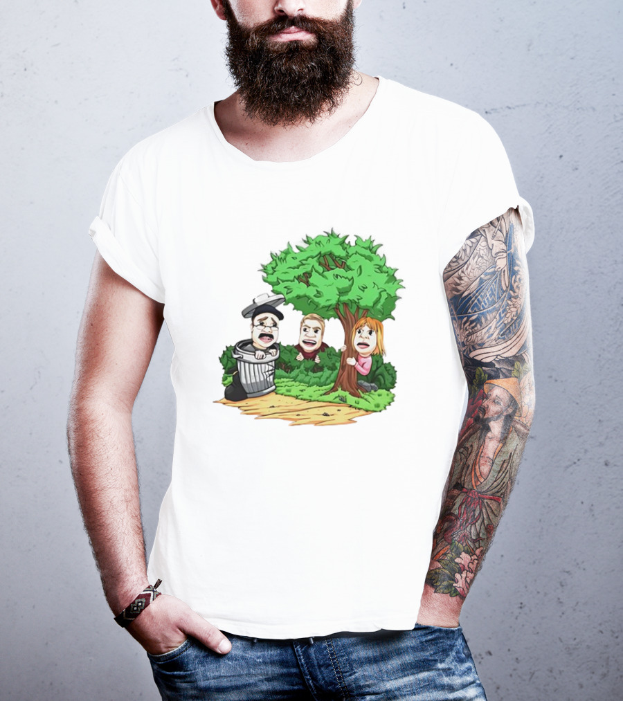 Artem Potokin Little Me Cartoon Characters Hiding Behind Tree And Trash Can T-Shirt