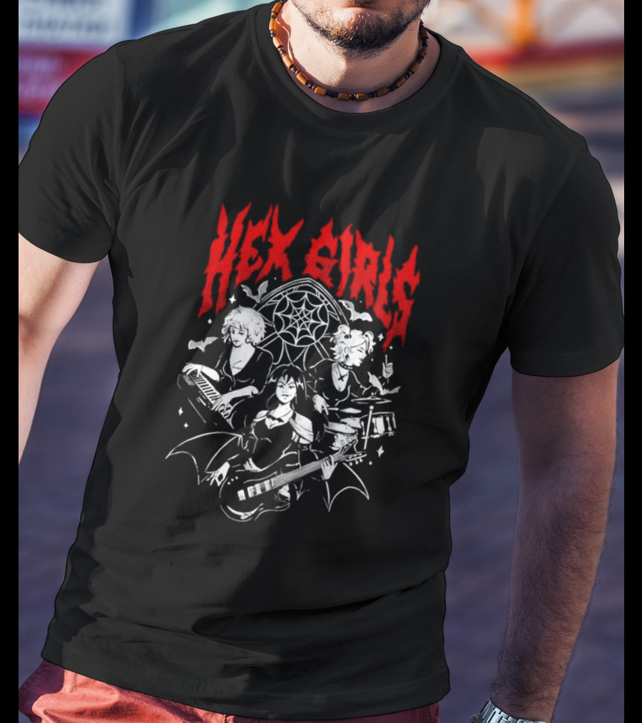 Hex Girls Band Gothic Rock Trio With Instruments And Spiderweb Background T-Shirt