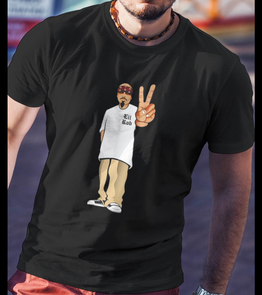 Lil Rob Peace Gesture Cartoon Character With Headband And Bearded T-Shirt