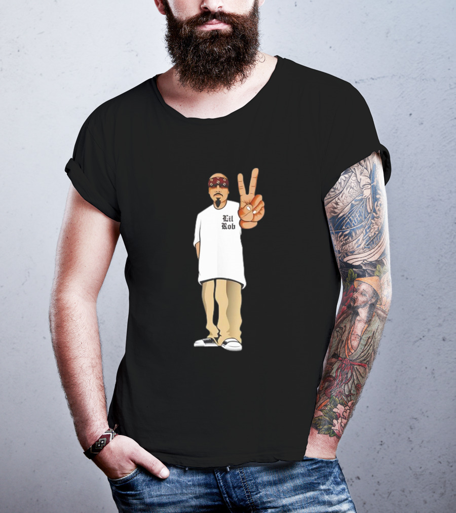Lil Rob Peace Gesture Cartoon Character With Headband And Bearded T-Shirt