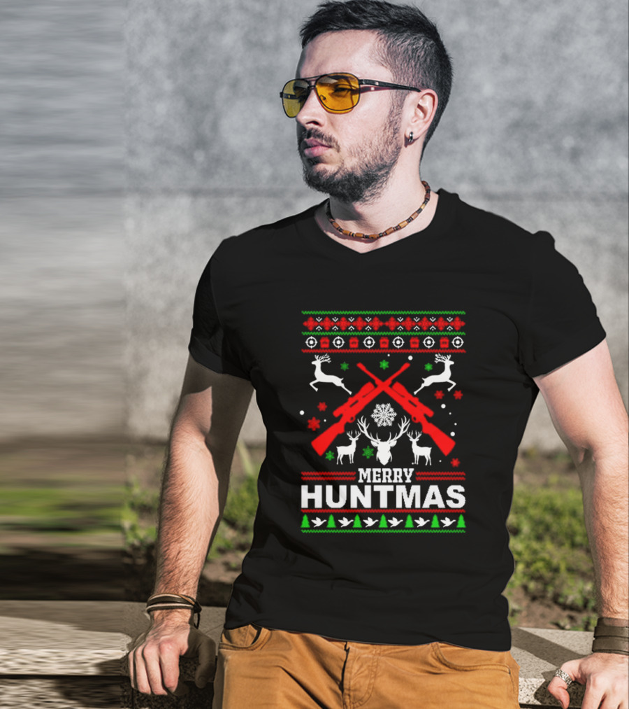 Merry Huntmas Christmas Reindeer Guns And Antlers Holiday T-Shirt