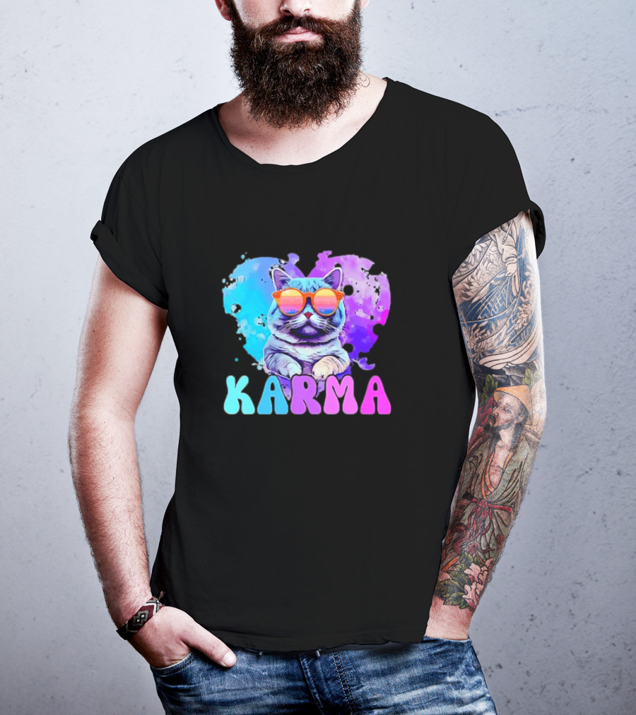 Cat Lover Karma Heart Shape Retro Sunglasses T-Shirt