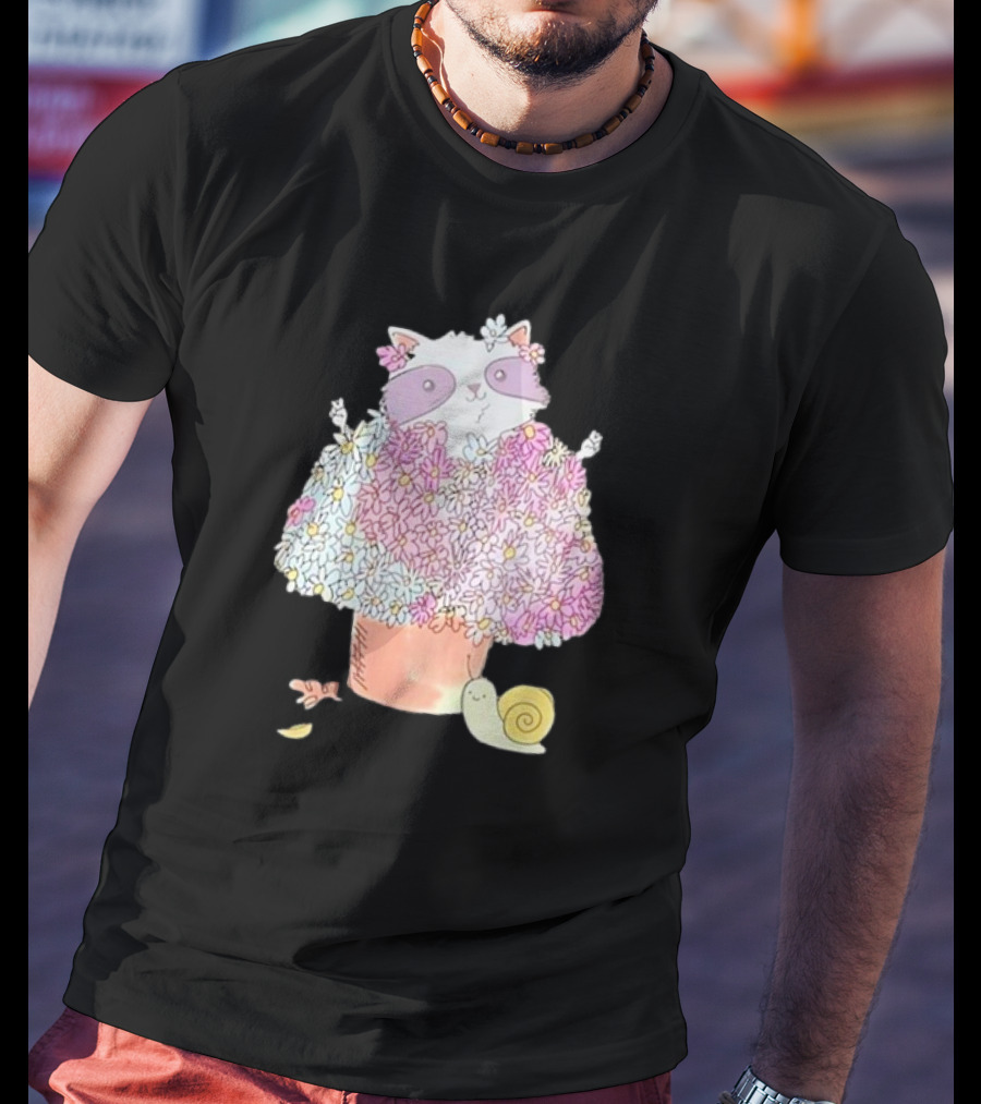 Raccoon In Floral Pot With Snail And Blossoms T-Shirt