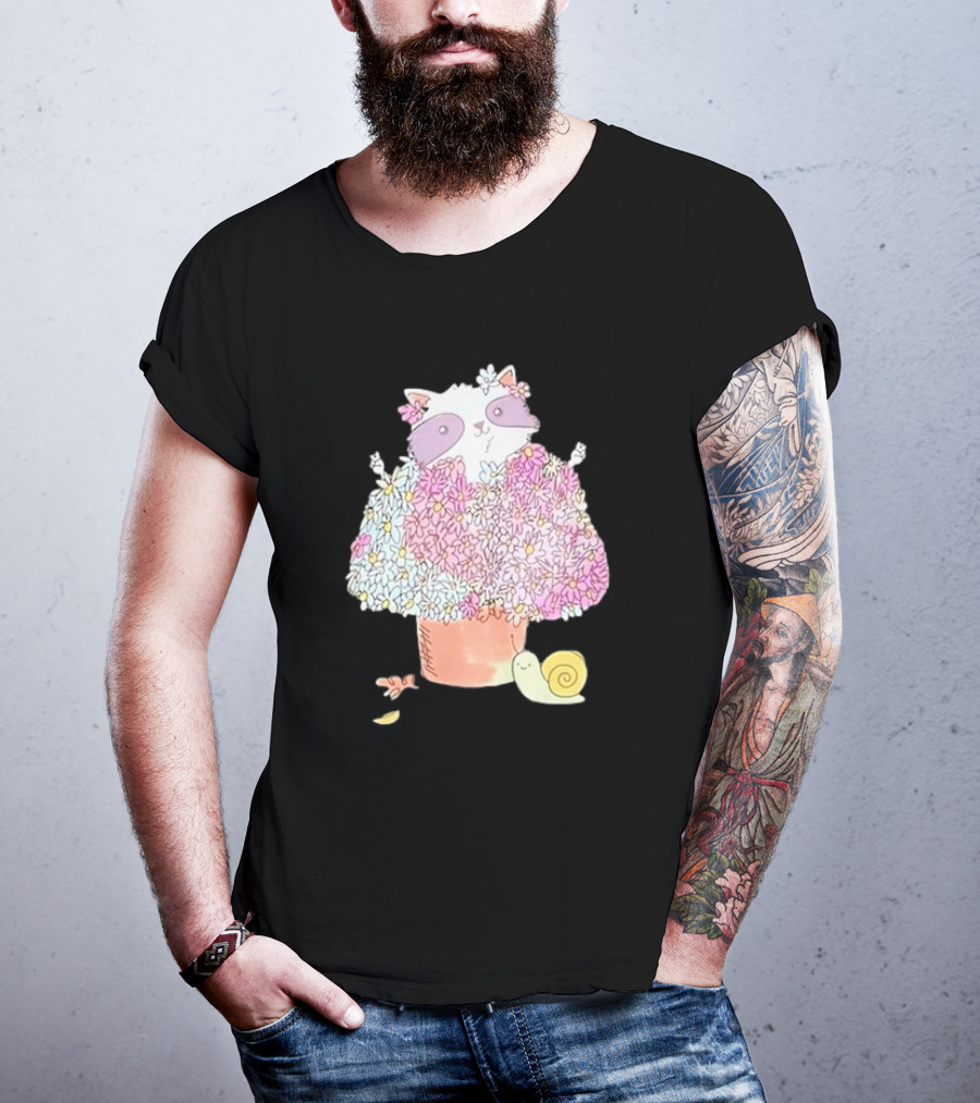 Raccoon In Floral Pot With Snail And Blossoms T-Shirt