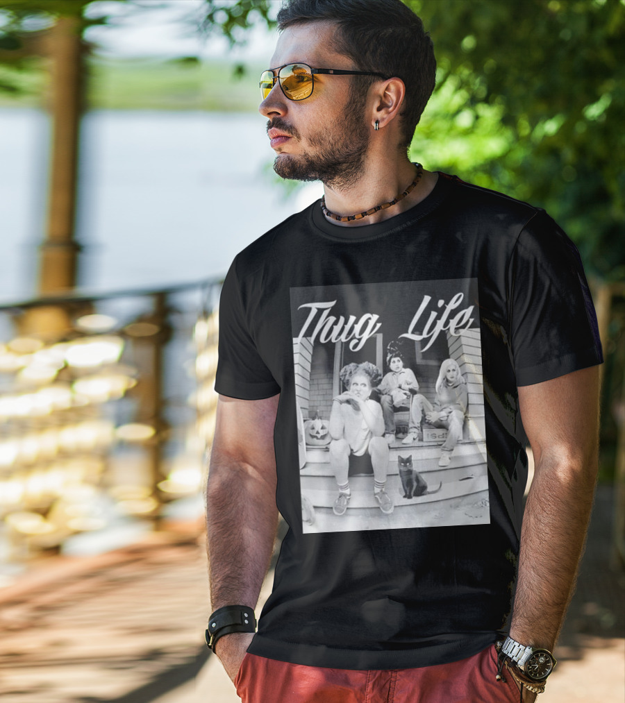 Hocus Pocus Thug Life Witchy Trio With Black Cat And Pumpkin Porch Scene T-Shirt