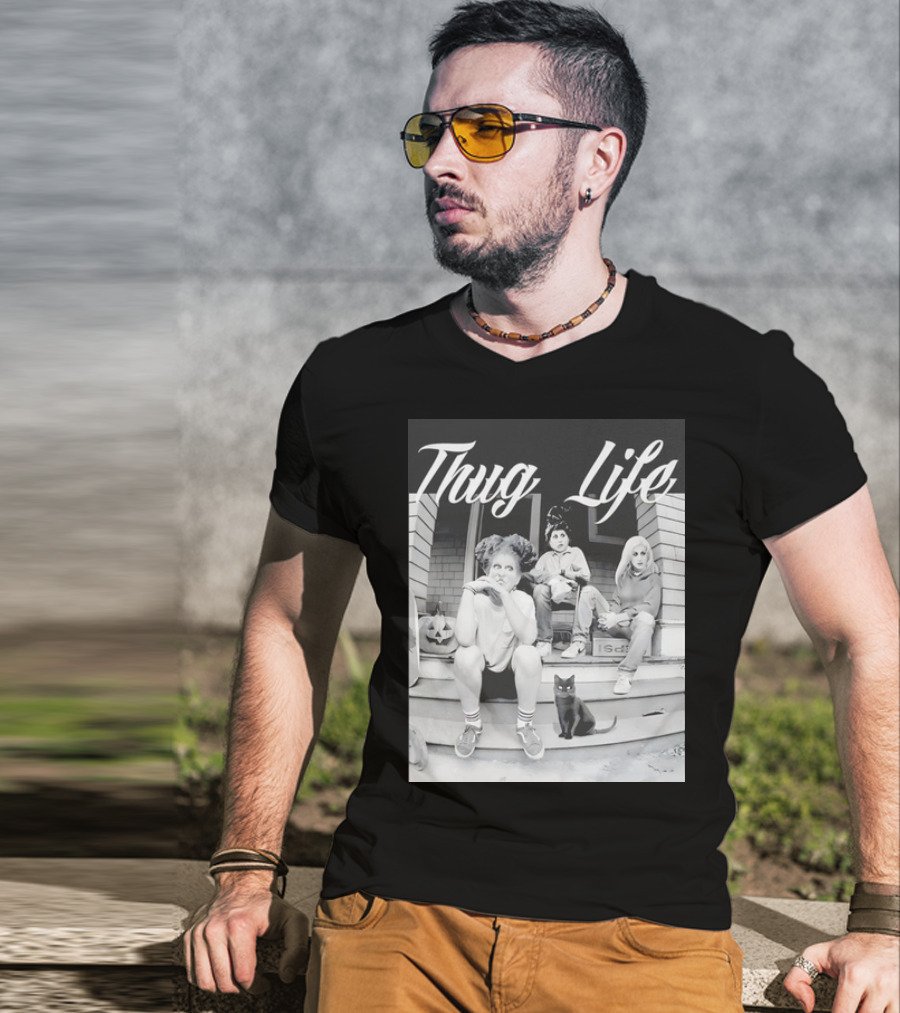 Hocus Pocus Thug Life Witchy Trio With Black Cat And Pumpkin Porch Scene T-Shirt